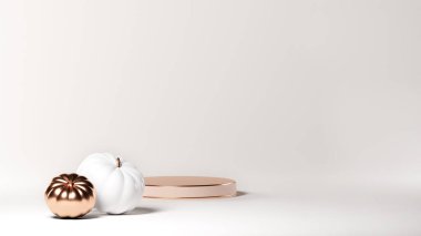 Beyaz arka planda ürün podyumu olan 3D lüks Cadılar Bayramı manzarası. Podyumlu balkabağı sahnesi. 3D sonbahar tasarım şablonu, Cadılar Bayramı veya Şükran Günü için reklam modeli