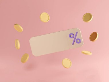 Yüzde indirimli 3D kupon, pembe arka planda izole edilmiş bozuk paralarla çevrili. İndirim kuponu. Çevrimiçi satış kavramı. 3D tanıtım etiketi tasviri, indirim kuponu