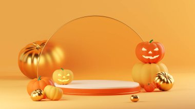 Turuncu arka planda ürün podyumu olan 3 boyutlu bir Cadılar Bayramı sahnesi. Podyumlu balkabağı sahnesi. 3D sonbahar tasarım şablonu, Cadılar Bayramı veya Şükran Günü için reklam modeli