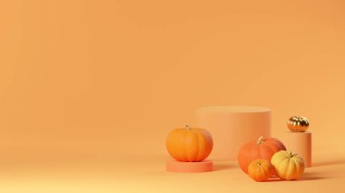Turuncu arka planda ürün podyumu olan 3 boyutlu bir Cadılar Bayramı sahnesi. Podyumlu balkabağı sahnesi. 3D sonbahar tasarım şablonu, Cadılar Bayramı veya Şükran Günü için reklam modeli