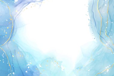 Soyut turkuaz ve deniz mavisi sıvı mermer, dalga desenli ve altın çatlaklı suluboya arka plan. Cyan alkol mürekkebi çizim efekti yapmış. Davet için vektör illüstrasyon tasarım şablonu