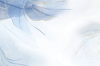 Soyut turkuaz ve deniz mavisi sıvı mermer, dalga desenli ve altın çatlaklı suluboya arka plan. Cyan alkol mürekkebi çizim efekti yapmış. Davet için vektör illüstrasyon tasarım şablonu