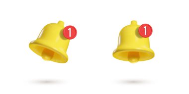 3D uyarı zili beyaz arkaplanda izole edildi. Çanın 3 boyutlu gerçekçi canlandırması ve yeni mesaj simgesi. Sosyal medya bildirim olayı hatırlatması. İletişim uyarısı, bildirim iletisinin vektör illüstrasyonu