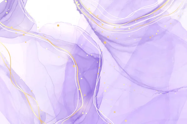 Абстрактный пурпурный лавандовый жидкий акварельный фон с золотыми линиями и точками. Эффект рисования чернил из фиолетового мрамора и алкоголя. Векторный шаблон оформления иллюстраций для свадебного приглашения — стоковый вектор