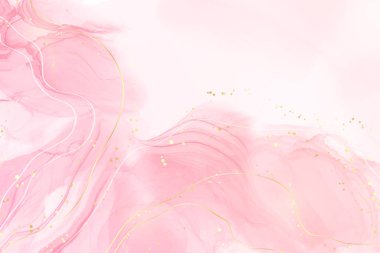 Pastel pembe sıvı suluboya arka plan ve altın çatlaklar. Alkollü kırmızı mermer mürekkep çizim efekti. Düğün daveti, menü, RSVP için vektör illüstrasyon tasarım şablonu