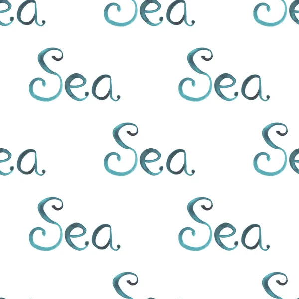 Hand-drawn watercolor word sea seamless pattern — Stock Vector