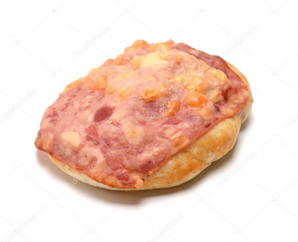 Baked bun with bacon and cheese on white background
