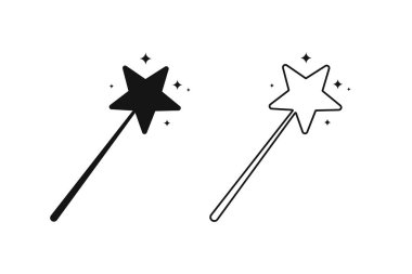 Sihirli değnek ikonu. Yıldızlı sihirli değnek. Sihirbaz ikon vektörü. Parıldayan yıldızlar ikonu. Sihirli çubuk vektör simgesi