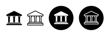 Banka simgesi seti. Belediye binası çizgisi simgesi seti. Adliye ikonu hazır. Hükümet binası simgesi seti.