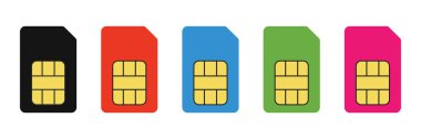 Sim kart simgesi seti. Çip vektör illüstrasyonlu çoklu renkli mobil sim kartlar.