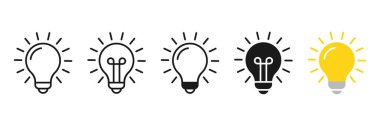 Ampul simgesi. Fikir simgesi vektörü. Lamba hattı simgesi ayarlandı. Fikir lambası ikonu koleksiyonu. Enerji ve düşünme sembolü. Yaratıcı fikir ve ilham verici kavram