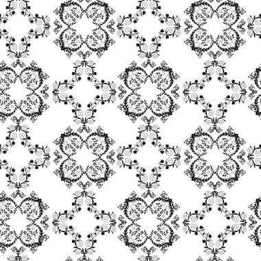 Symmetrical decorative border with black leafy vines and swirls forming a diamond-shaped central space.