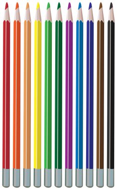 Row of many sharp colored pencils in a rainbow of colors standing vertically against a white background.