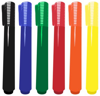 A set of six vibrant markers or highlighters in a row with matching caps.
