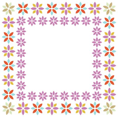 Square frame or border made of repeating colorful geometric flower shapes on a white background.