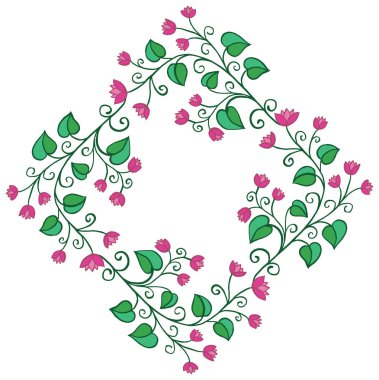 Symmetrical floral frame or wreath made of green vines, leaves, and pink blossoms on a white background.