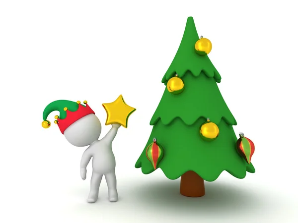 3D Character with Elf Hat Holding Star Decoration for Christmas — Stock Photo, Image