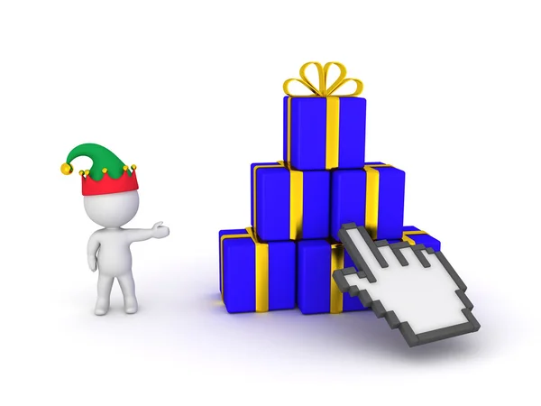 Personagem 3D com chapéu de elfo mostrando caixas de presente e clique em Curs mão — Fotografia de Stock