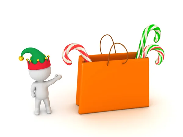 3D Character with Elf Hat Showing Gift Bag with Colorful Candy C — Stock Photo, Image