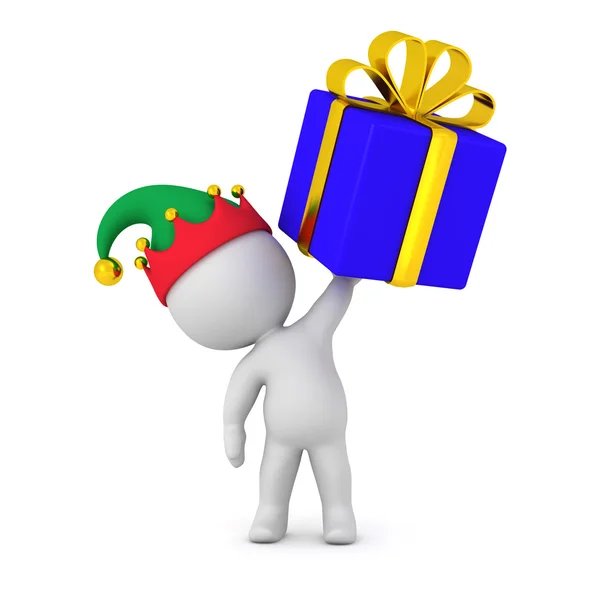 3D Character with Elf Hat Holding Wrapped Gift — Stock Photo, Image