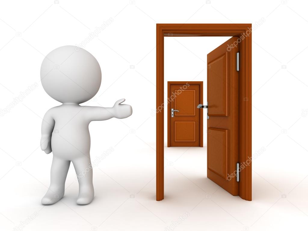 3D Character Showing Closed Door Behind Open Door