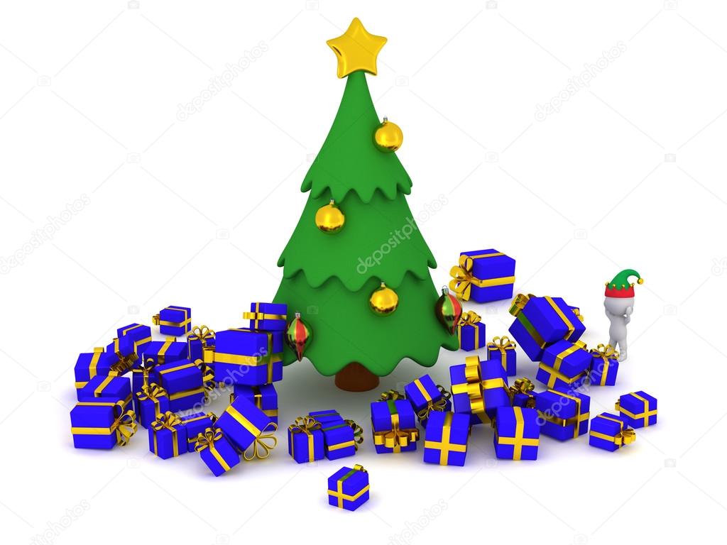 3d character and too many gifts around the christmas tree stock photo - How Many Gifts For Christmas 3d character and too many gifts around the christmas tree stock photo - How Many Gifts For Christmas