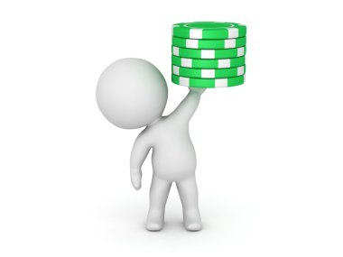 3d karakter küçük Poker fişleri yığını tutan