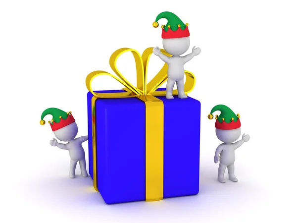 3D sarılmış hediye kutusu ve birkaç küçük 3d karakter Elf şapka ile — Stok fotoğraf