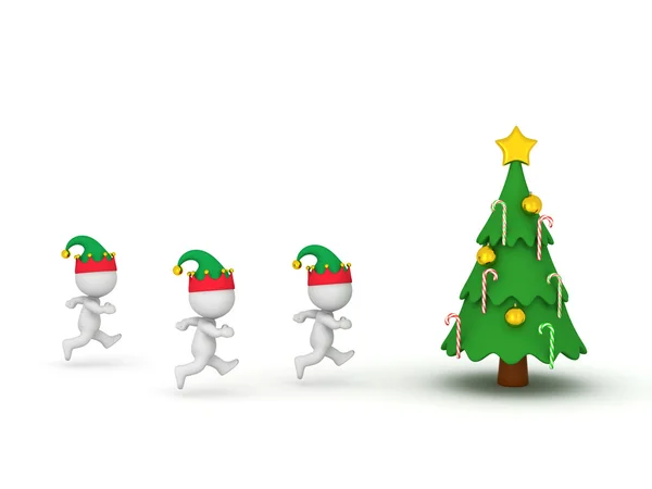 Caractere 3D cu pălării de elf care aleargă spre pomul de Crăciun — Fotografie, imagine de stoc