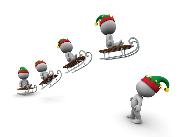 3D Character with Elf Hat Looking Up at Characters Flying with S — Stock Photo, Image