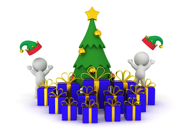 3D-Weihnachtsbaum mit Geschenken und 3D-Zeichen jubeln — Stockfoto