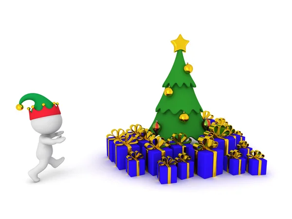 3D-Charakter läuft mit Geschenken auf Weihnachtsbaum zu — Stockfoto