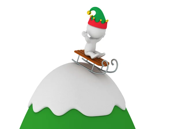 3D Character Riding Sled down a cartoonish mountain — Stock Photo, Image