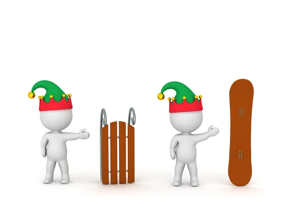 3D Characters with Elf Hats Showing Sled and Snowboard — Stock Photo, Image