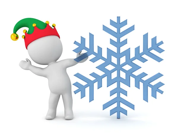 3D Character with Elf Hat Waving from Behind Large Snowflake — Stock Photo, Image