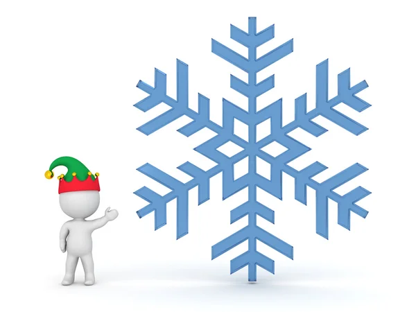 Small 3D Character with Elf Hat Showing Large Snowflake — Stock Photo, Image