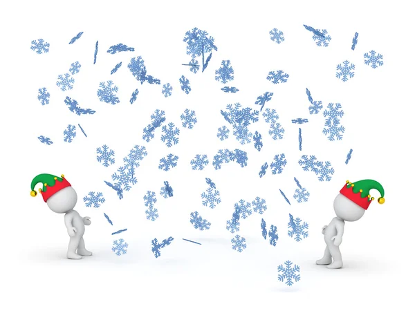 Personagens 3D com chapéus de elfo olhando para cima em flocos de neve caindo — Fotografia de Stock