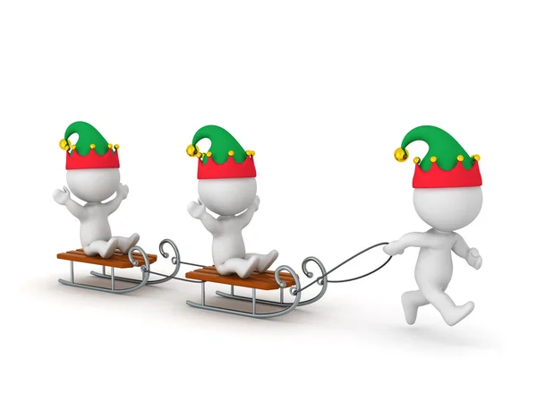 3D Character with Elf Hat Pulling Sleds with Other 3D Characters — Stock Photo, Image