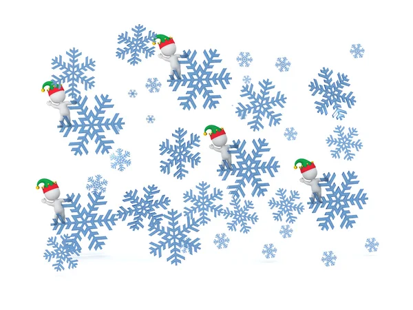 Flocos de neve em queda 3D com personagens 3D pequenos — Fotografia de Stock