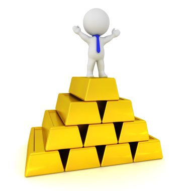 3d karakter altın barlar yığında geçirilen silah ile ayakta