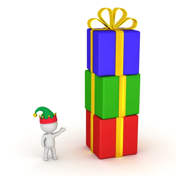 3D Character with Elf Hat Showing Gift Boxes Stack — Stock Photo, Image