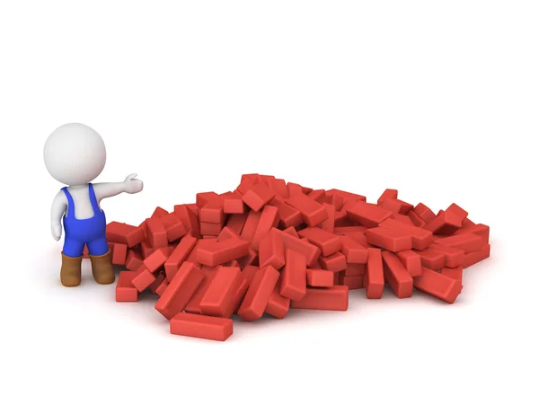 3D Character Wearing Blue Overalls Showing Pile of Red Bricks — Stock Photo, Image