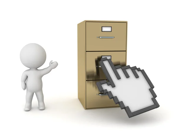 3D Character Showing Archiving Cabinet and Hand Click Cursor — Stock Photo, Image