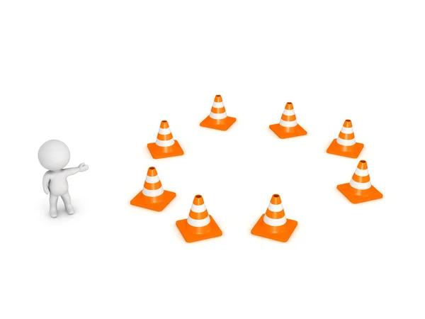 3D Character Showing Circle of Orange Road Cones — Stock Photo, Image