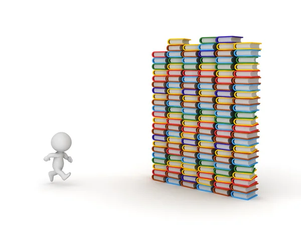 3D Character Running Toward Colorful Books — Stock Photo, Image