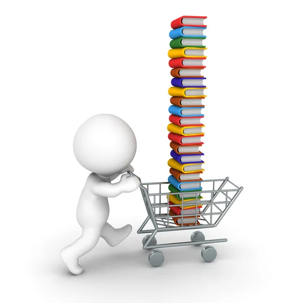 3D Character Pushing Shopping Cart Full of Books — Stock Photo, Image