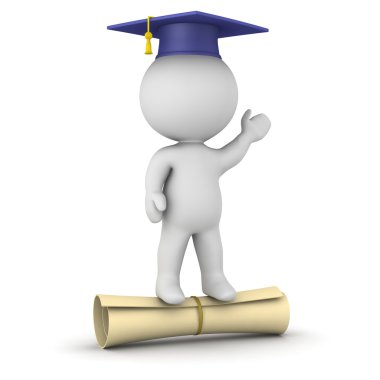 Büyük diploması'ndaki ayakta mezuniyet şapka ile 3D karakter