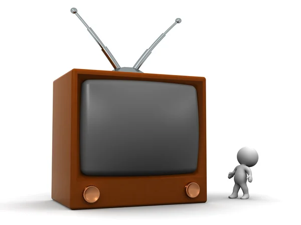 Small 3D Character Looking Up at a Large Retro TV — Stock Photo, Image