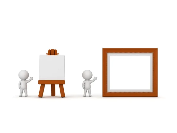 3D Characters Showing Artsy Easel and Painting Frame — Stock Photo, Image