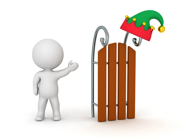 3D Character Showing Sled and Elf Hat — Stock Photo, Image